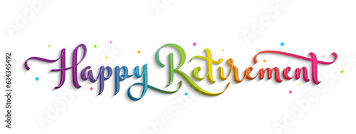 HAPPY RETIREMENT rainbow gradient vector brush calligraphy banner with tiny stars