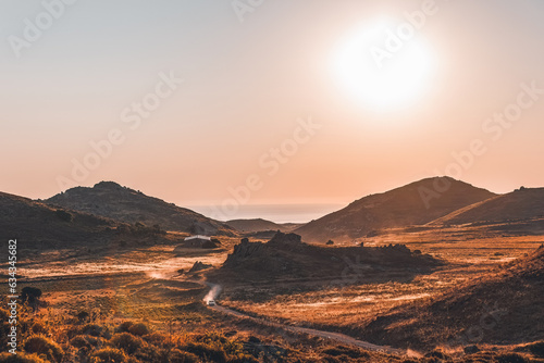 Romantic sunset view to Aegean Sea Lemnos or Limnos Island Greece, summer travel destination, wallpaper design