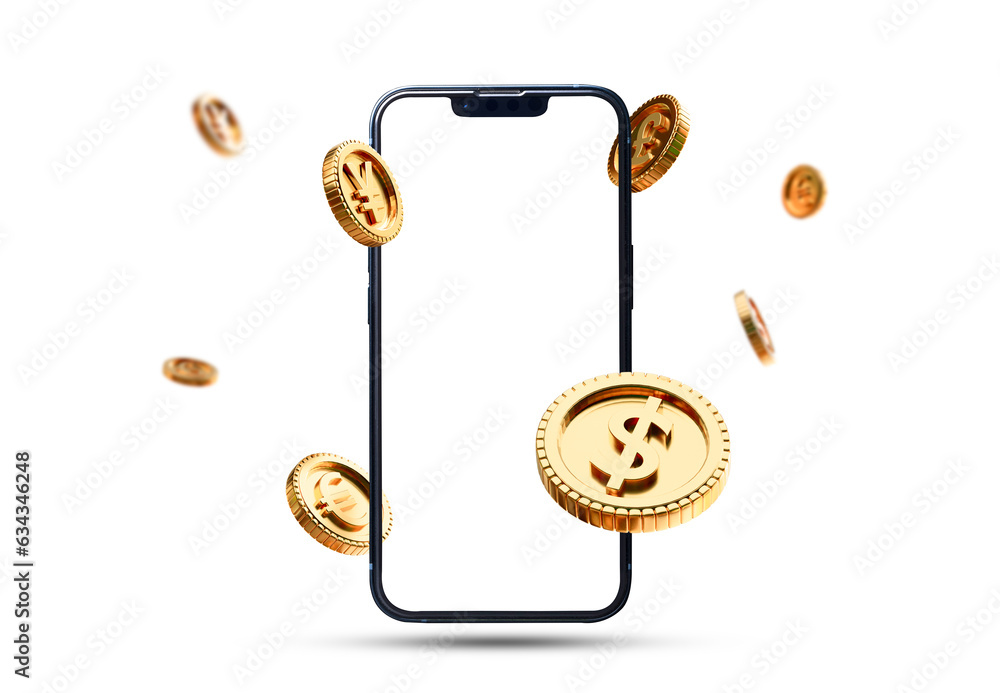 Φωτογραφία Isolation of Golden coins include dollar Yen yuan Euro and pound sterling with mobile phone frame on white background for currency exchange and forex trading concept
