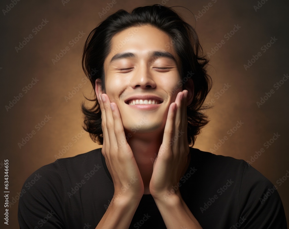 A man with his eyes closed stands against a wall, his hands covering his face in a portrait of quiet emotion, as his clothing, skin, lips, eyebrows, neck, forehead, jaw, eyelashes, and throat all com A man with his eyes closed stands against a wall, his hands covering his face in a portrait of quiet emotion, as his clothing, skin, lips, eyebrows, neck, forehead, jaw, eyelashes, and throat all com