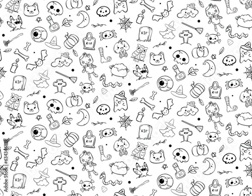 Festive Halloween Doodle Pattern. Cute and Fun Elements on Isolated Background