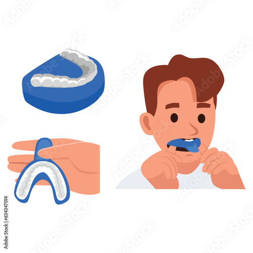 Bruxism Dental Night Guard Mouth Guard with Case. Man wearing dental retainer.