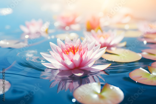 Water Lilies Floating on Blue Water in Soft Bright Light