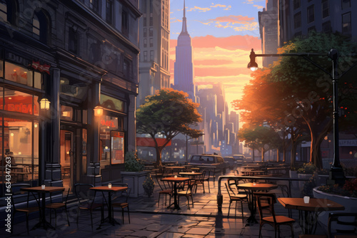 Dawn Breaks Over Busy City with Early Morning Coffee Shop