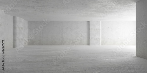 Abstract empty, modern concrete room with pillars at the walls, indirect light and rough floor - industrial interior background template