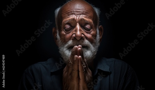 An aged man with a furrowed brow and moustache kneels in silent contemplation, his wrinkled hands clasped in prayer as his eyes remain closed in solemn reflection © mockupzord