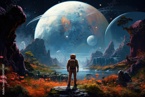 Astronaut Exploring Exotic Alien Planet with Multiple Moons