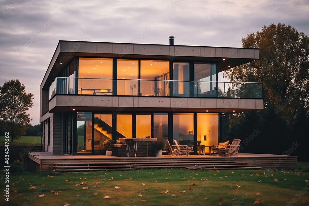 A sprawling house with a majestic deck and vibrant patio nestled amongst lush greenery and tall trees, with windows that frame the picturesque sky and clouds, creates a stunning, peaceful escape from A sprawling house with a majestic deck and vibrant patio nestled amongst lush greenery and tall trees, with windows that frame the picturesque sky and clouds, creates a stunning, peaceful escape from