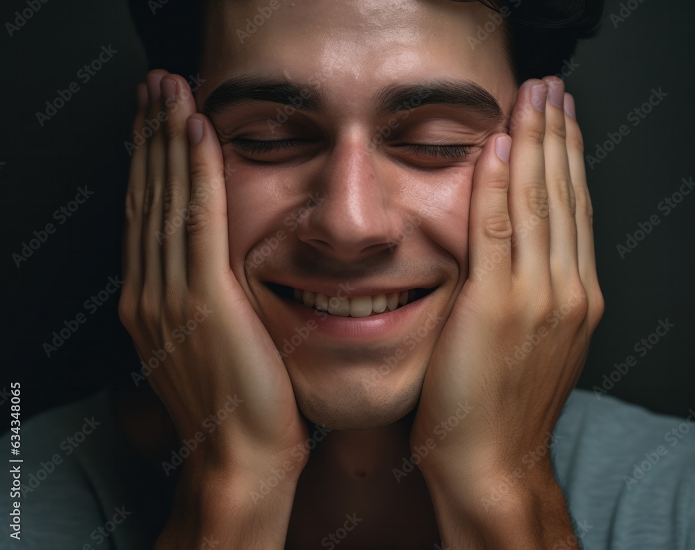 A worried man with his eyes closed and hands on his face stands indoors, his portrait highlighted by the subtle wrinkles of his skin, eyebrows, and lips, evoking a sense of anxiousness A worried man with his eyes closed and hands on his face stands indoors, his portrait highlighted by the subtle wrinkles of his skin, eyebrows, and lips, evoking a sense of anxiousness