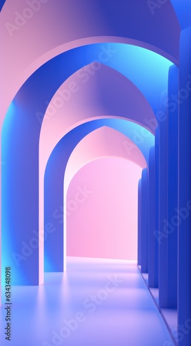 This striking image captures the vibrant  dream-like atmosphere created by the brilliant blue and pink lighting illuminating the majestic archway of wall art