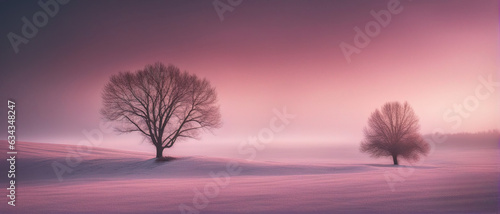 Winter wallpaper. Two trees standing alone on a snowy field against a pink frosty sunset sky. Beautiful winter nature scene.
