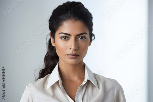 portrait of a confident smiling indian business woman on a bright abstract office background 