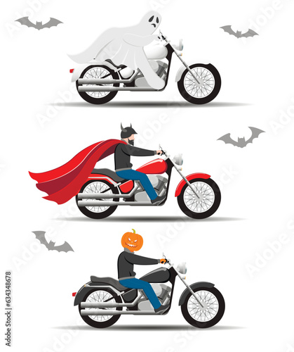 Set of vector images of motorcycle drivers in Halloween costumes. Vector.