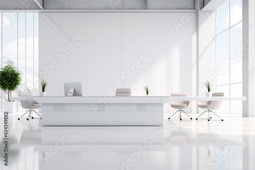 A modern white office with a desk and chairs.