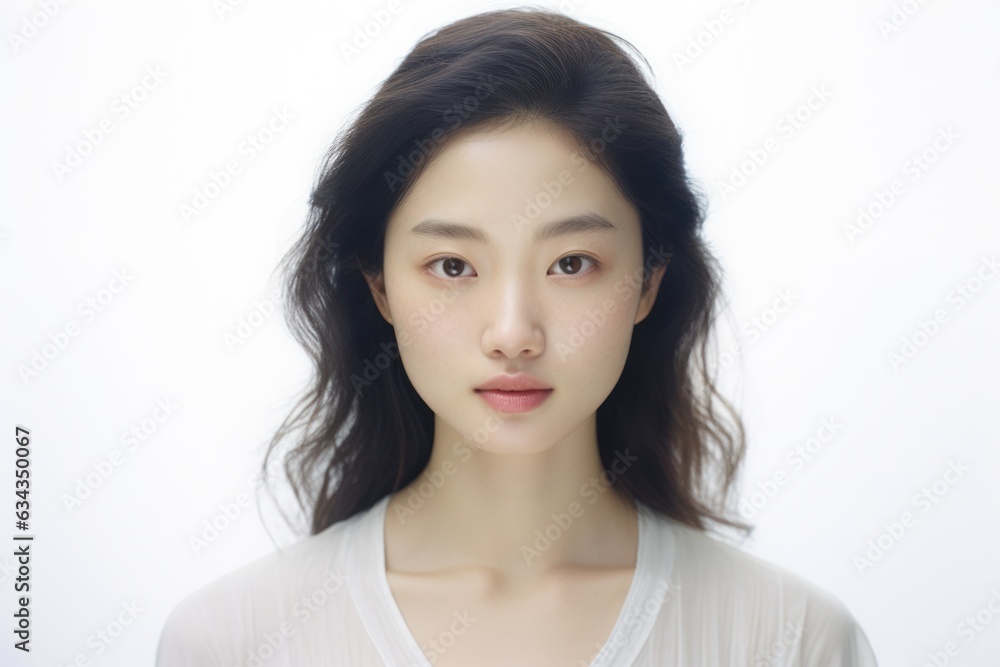 This portrait of a beautiful woman with her long hair cascading over her white shirt captures her subtle beauty with its delicate focus on her lips, neck, eyebrows, skin, and chin This portrait of a beautiful woman with her long hair cascading over her white shirt captures her subtle beauty with its delicate focus on her lips, neck, eyebrows, skin, and chin