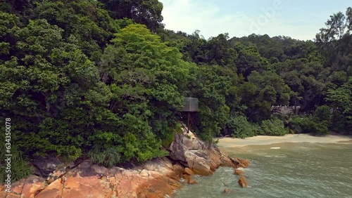 Aerial footage of Penang jungle, beach and sea - Malaysia