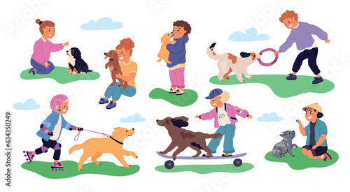 Happy children playing with dogs vector flat illustration isolated white background. Set of kids hugging dogs, have fun and enjoy. Love between pet and child,  spending time together