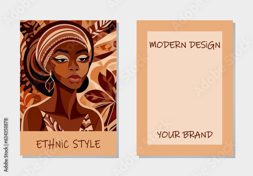 A set of actual covers, vertical templates. Collection of backgrounds with geometric tribal pattern of African woman's watercolor face. Ethnic style, ornaments, decorations. Place for text