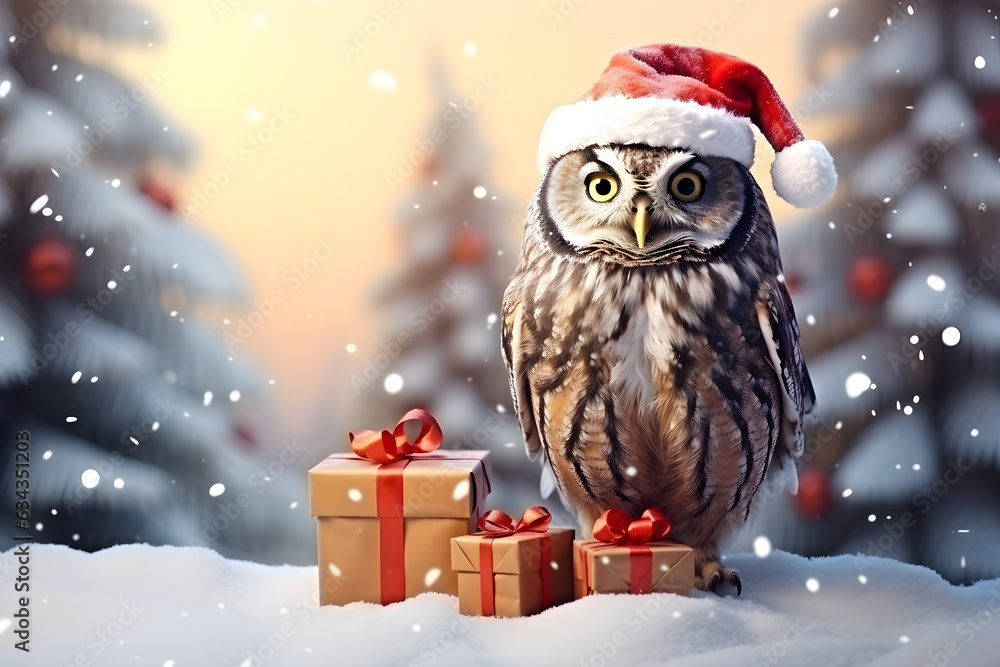 Cute Owl with gifts and christmas tree on snowvy for merry christmas celebration with blur background. 3D watercolor illustration background, Generative AI Cute Owl with gifts and christmas tree on snowvy for merry christmas celebration with blur background. 3D watercolor illustration background, Generative AI