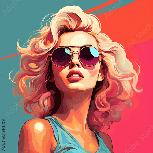 Pop art retro style rich pretty sexy blonde young woman wearing sunglasses on vibrant colorful background