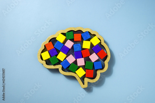 Neurodiversity concept. Brain shape and colorful wooden cubes.