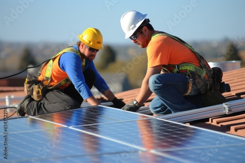 Workers installing solar panels on the roof