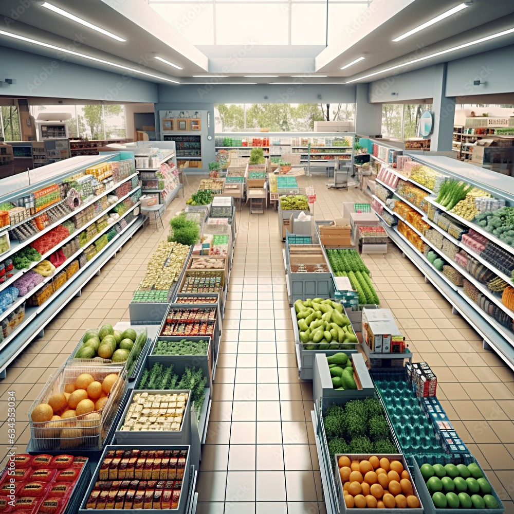 supermarket fruit and vegetable department interior, grocery shopping,product selection,shelves in hypermarket