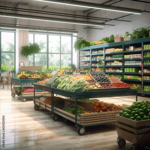 supermarket fruit and vegetable department interior, shop grocery aisle, rows of food, delivery of food and goods