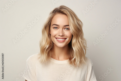 Generative AI portrait attractive young blonde hair girl smiling beauty concept isolated pastel color wall background
