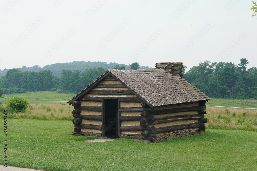 Log Cabin at Valley Forge, Grassy Field, Trees, Sky