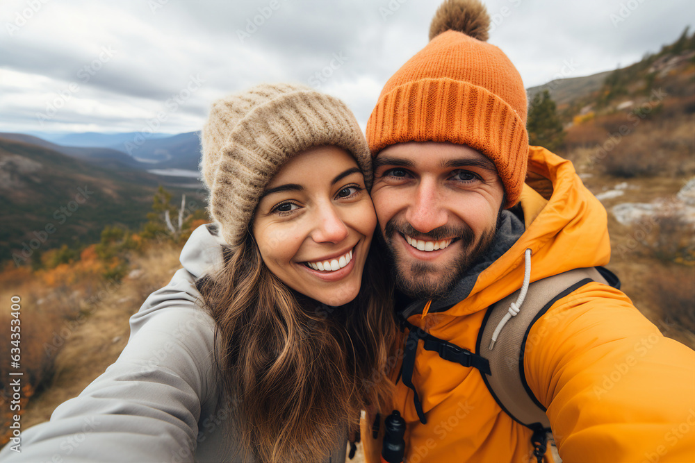 Generative AI self portrait of excited couple beat friends traveling together making selfies blogging exploring mountain lovely lake Generative AI self portrait of excited couple beat friends traveling together making selfies blogging exploring mountain lovely lake