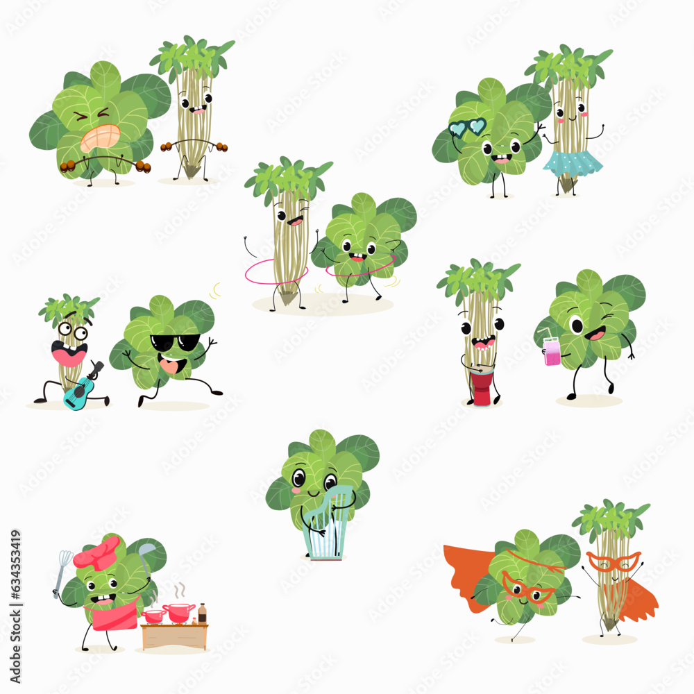 Obraz premium Vector set, collection with funny fresh cress, watercress, salad,kawaii, corn salad, cornsalad, lamb’s-lettuce, vegetable characters doing sports, playing musical instruments. 