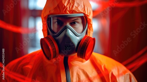 An engineer working in the nuclear field, wearing a gas mask and protective suit