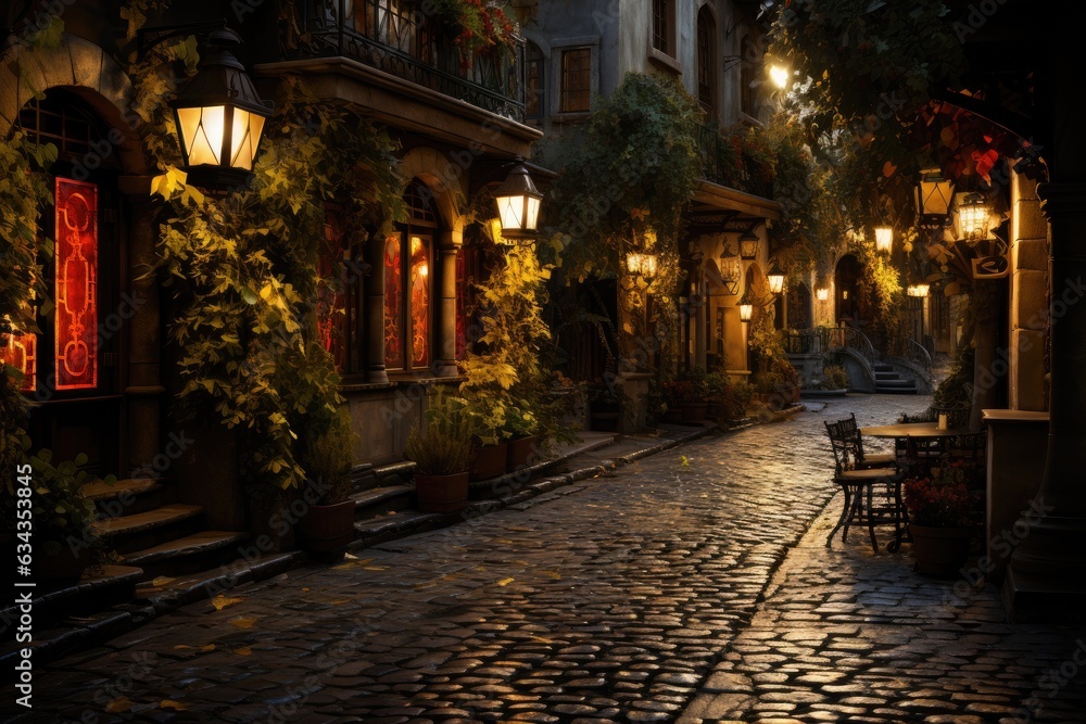 Lantern-Lit Pathways: Discovering the Enigmatic Charms of a Narrow City Alley Illuminated Solely by Hanging Lanterns, Conjuring Mesmerizing Patterns on Streets