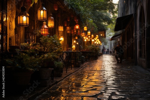 Lantern s Embrace  Gazing into the Entrancing Scenery of a Narrow Alley  where Hanging Lanterns Illuminate the Night with Patterns Dancing Across the Cobblestone Streets