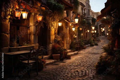 Whispers of Light: A Visual Journey through the Subtle Elegance of a Narrow Alley, Graced by Hanging Lanterns that Weave Enchanting Patterns on the Cobblestone Streets