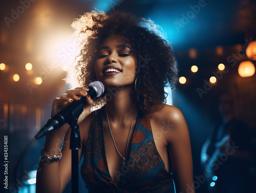 Beautiful black female singer with microphone, stage performance
