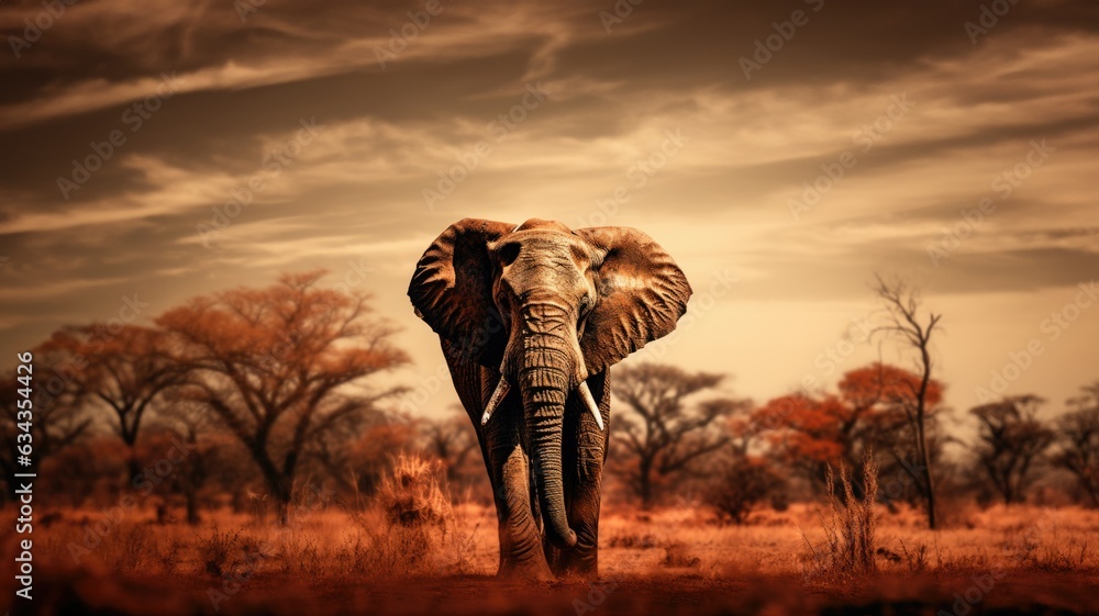Fototapeta premium African elephant bull with long ivory tusks walking down dry savannah landscape during hot summer day, large and intimidating wildlife, Kalahari safari region - generative AI
