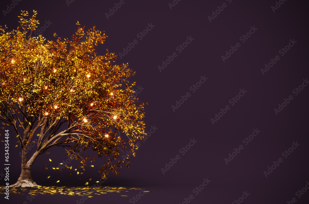 Yellow glowing autumn tree with falling leaves on purple background with copy space. 3D Rendering, 3D Illustration
