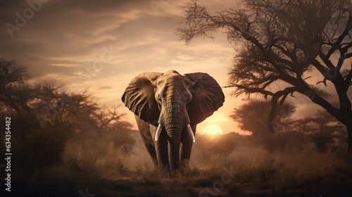 African elephant bull with long ivory tusks walking down dry savannah landscape during hot summer day, large and intimidating wildlife, Kalahari safari region - generative AI photo