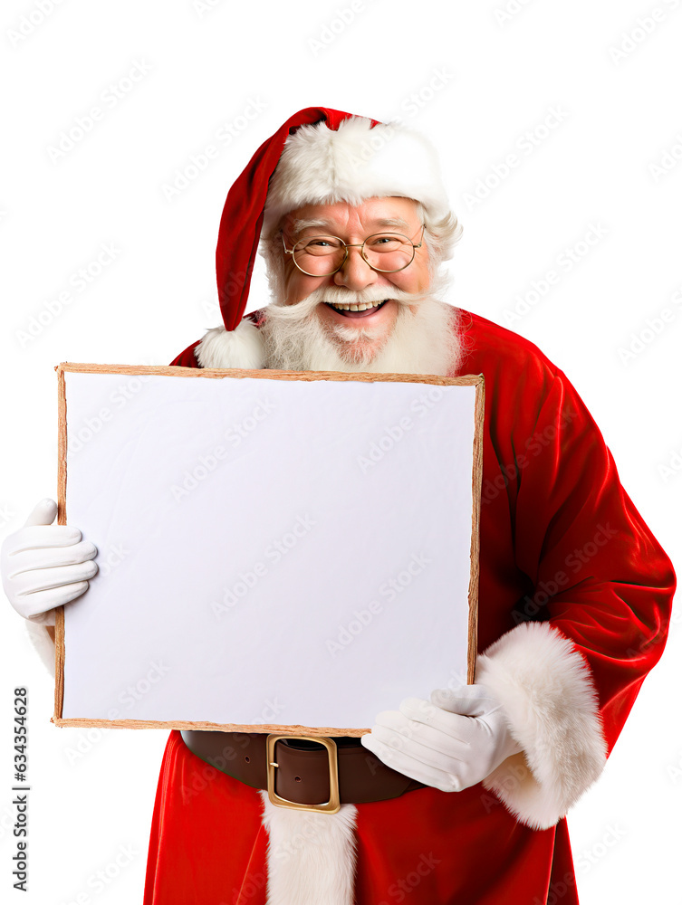 Santa Claus holding a white sheet in a frame for inscription. On a white background. Place for copying. Santa Claus holding a white sheet in a frame for inscription. On a white background. Place for copying.