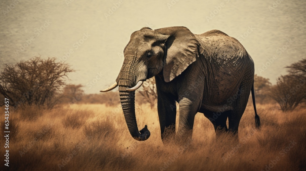African elephant bull with long ivory tusks walking down dry savannah landscape during hot summer day, large and intimidating wildlife, Kalahari safari region - generative AI