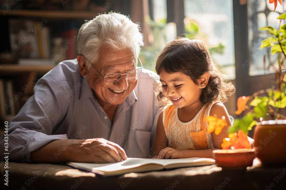 Indian grandfather studying with grandson or grand daughter with fun at home