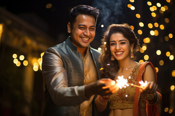 Playful Indian young couple with sparklers celebrating diwali festival at night