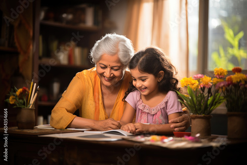 Indian asian Girl studying with grandma at home with fun