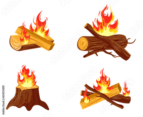 Campfire bonfire firewood flame isolated set. Vector flat graphic design illustration