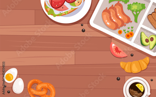 Food wooden table lunch meal banner abstract concept. Vector flat graphic design illustration