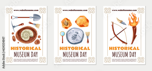 Fossil archaeologist archeology ancient excavation flyer poster set. Vector flat graphic design illustration