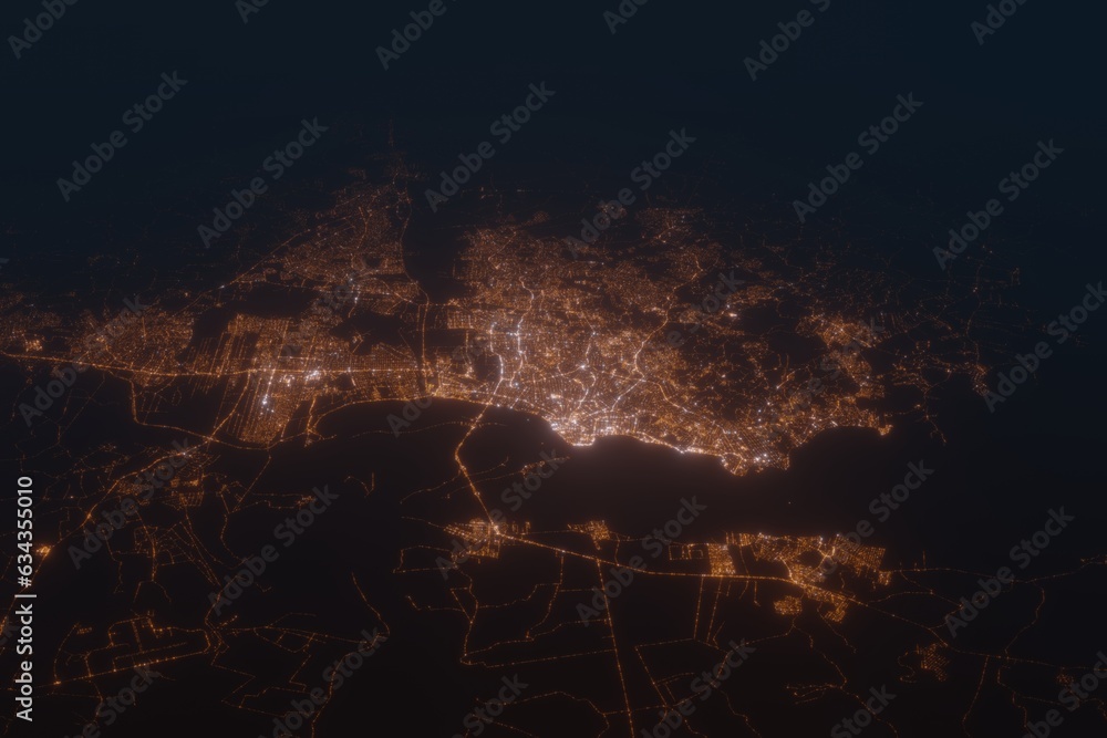 Aerial shot on Porto Alegre (Brazil) at night, view from west. Imitation of satellite view on modern city with street lights and glow effect. 3d render