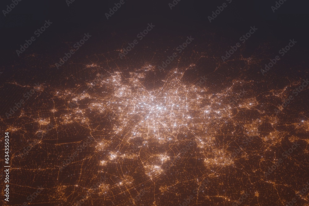 Aerial shot of Munich (Germany) at night, view from north. Imitation of satellite view on modern city with street lights and glow effect. 3d render - obrazy, fototapety, plakaty 
